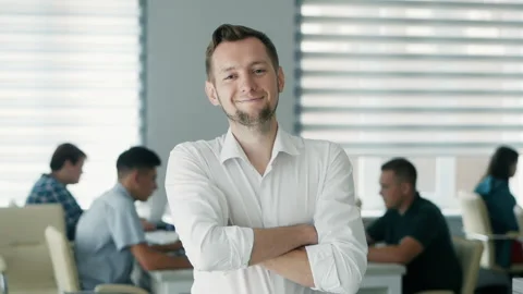 Portrait of happy office worker looking at camera in modern office, positive Stock Footage 144752785