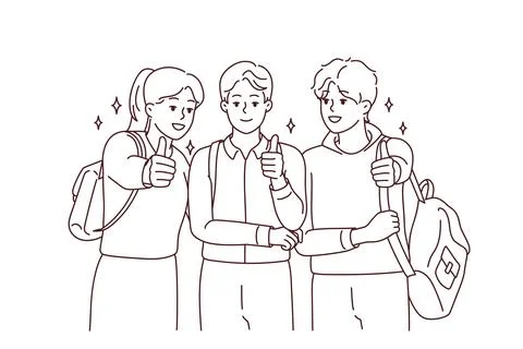 Portrait of happy students with backpack posing together showing thumbs up for Stock Illustration
