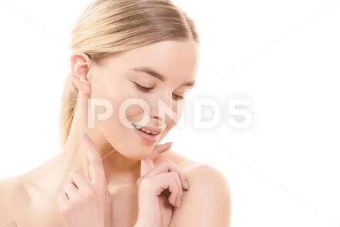 The portrait of the happy woman on the white background Stock Photos