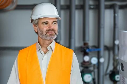 Portrait of heating plant technician checking natural gas installations and p Stock Photos