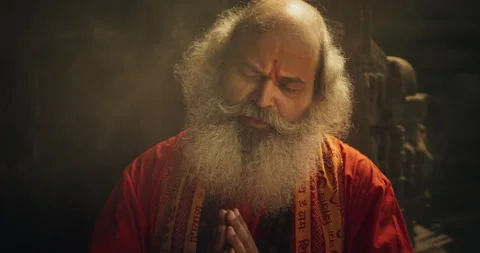 Portrait of a Hindu Monk in a Temple Stock Footage 260728593