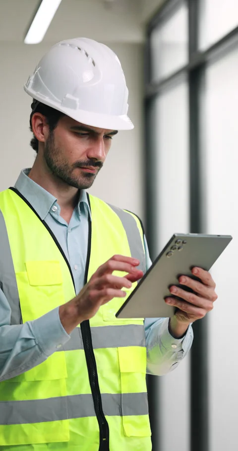 Portrait of Hispanic building engineer checks tablet near workplace windows Stock Footage 348811631