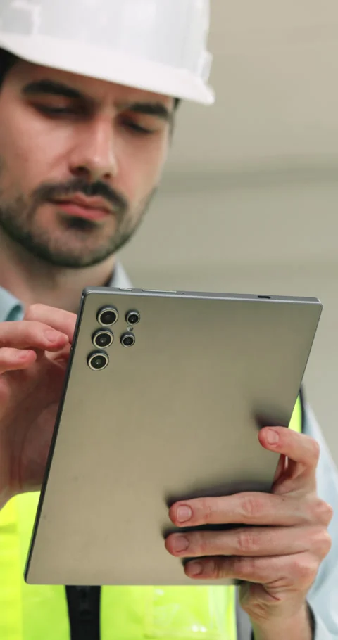 Portrait of Hispanic engineer uses tablet during careful inspection workday 库存影片 347816566