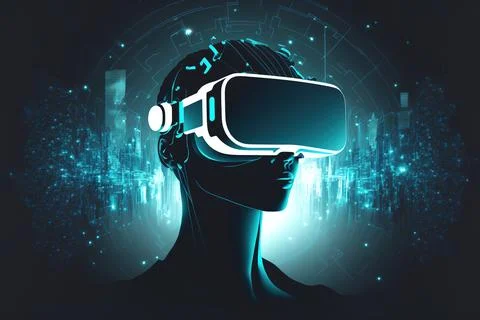 Portrait of a human face in virtual reality headset. Metaverse concept and .. 스톡 일러스트
