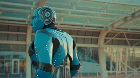 Portrait humanoid robot walks turn look at camera on street in the city future Stock Footage 133303210