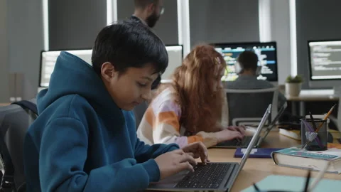 Portrait of Indian Boy Working on Coding Assignment on Laptop in Class Stock Footage 278126413