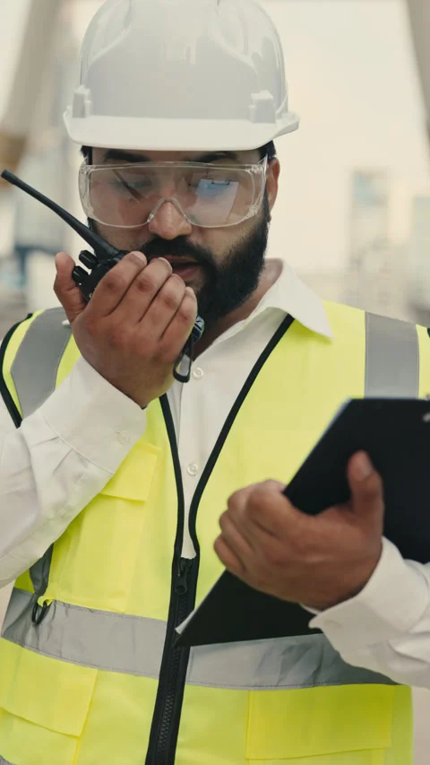 Portrait of Indian engineer with clipboard talking on walkie-talkie outdoors Stock Footage 312473534
