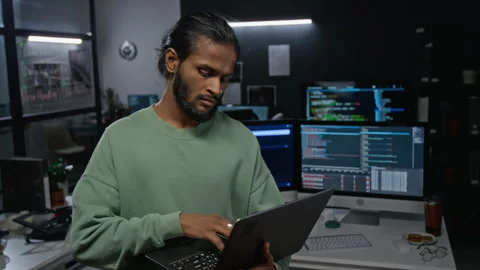 Portrait of Indian Man Programming on Laptop in Tech Office Stock Footage 348365350