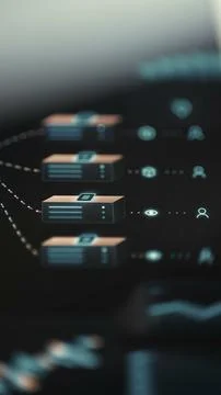 Portrait infrastructure animation displays multiple server modules linked Stock-Fotos