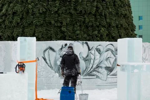Portrait of the installer back view on the background of the tree Fotos Stock
