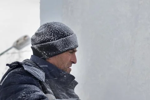 Portrait of the installer at the ice panel 写真素材