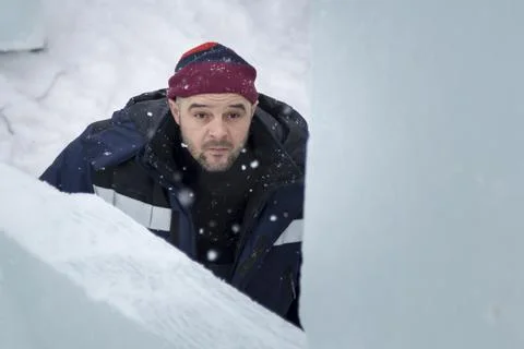 Portrait of the installer at the ice panel 스톡 사진