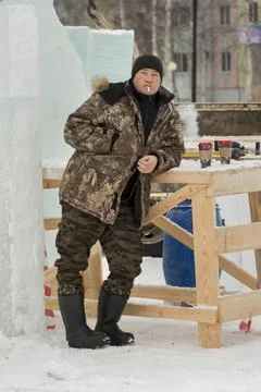 Portrait of an installer at the ice panel 스톡 사진