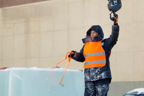 Portrait of installer at unloading ice blocks Fotos Stock