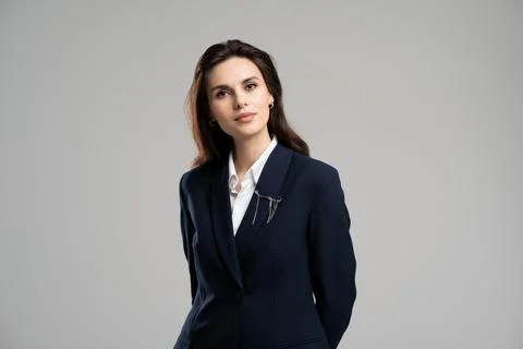 Portrait of interested looking at camera young businesswoman office Stock Photos