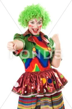 Portrait of joyful female clown. Isolated Stock Photos