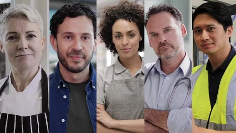 Portrait of key workers industry professionals, Doctor, Teacher, Chef, Stock Footage 129307425