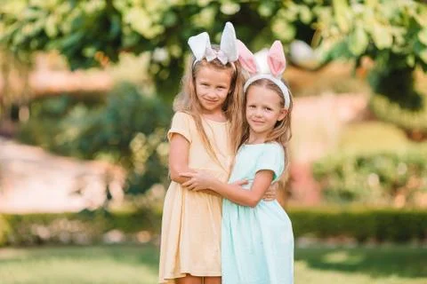 Portrait of kid with easter busket with eggs outdoor Stock-Fotos