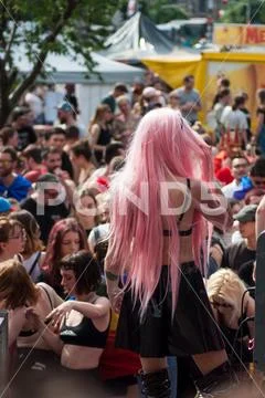 Portrait of LGBT people dancing during the Gay pride parade 2019 Stock Photos