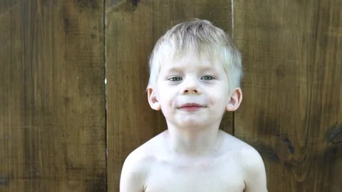 Portrait of a little boy 3-4 years old on a wooden plank background. Boy Stock Footage 91928893