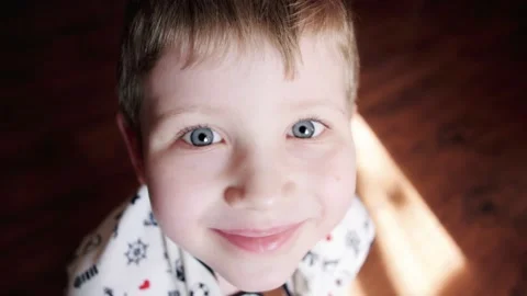 Portrait of little boy looking at the camera. Close up portrait of child. Close Stock Footage 149683823