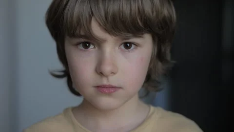 Portrait Little Boy Looking at Camera. Face Contemplative Child. Close-up P.. Stock Footage 297910635