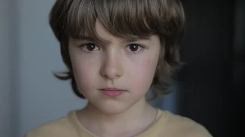 Portrait Little Boy Looking at Camera. Face Contemplative Child. Close-up P.. Stock-Footage 308931211