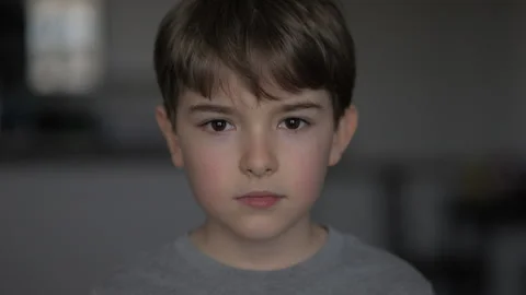 Portrait Little Boy Looking at Camera. Face Contemplative Child. Close-up P.. Vidéo 333923663