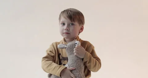 Portrait of a little boy with a soft toy in his hands. Stock Footage 251574486