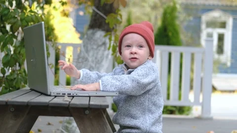 Portrait of a little boy using a laptop while sitting in the garden Stock Footage 200824485