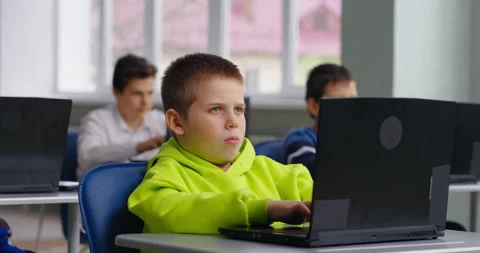 Portrait Of Little Smart Boy In Computer-Based Classroom, Young Student Of Stock Footage 280178495