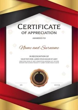 Portrait luxury certificate template with elegant golden red border frame, Di Stock Illustration