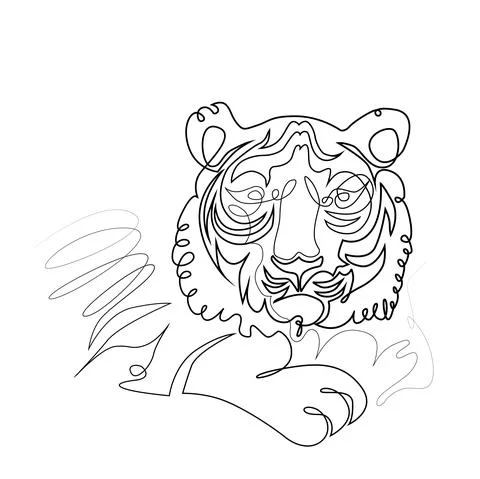 Portrait of a lying tiger in one continuous line, black and white vector drawing Stock Illustration