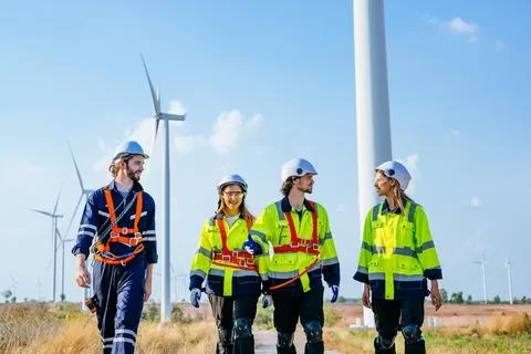Portrait of maintenance engineers technicians working outdoor together Stock Photos