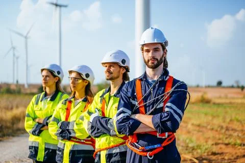 Portrait of maintenance engineers technicians working outdoor together Stock Photos