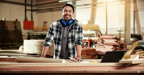 Portrait, man and carpenter at workshop with smile, career pride and about us Stock Photos