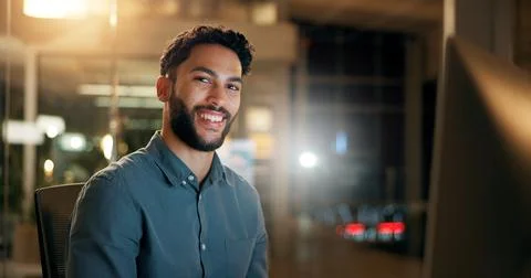 Portrait, man and computer with smile for coding, programing and software Stock Photos