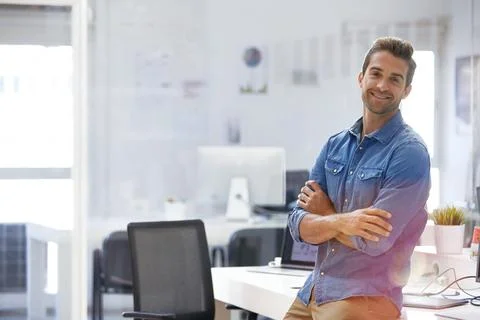 Portrait, man and data analyst in office with arms crossed, smile and exper.. Stock Photos