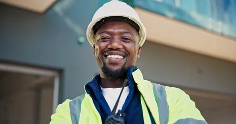 Portrait, man and engineer at construction site with smile, infrastructure .. Stock Photos