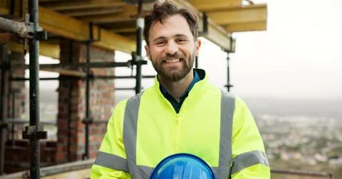 Portrait, man and engineer at site with smile, inspection and construction .. Stock Photos