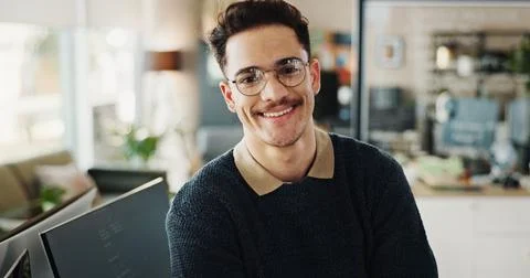 Portrait, man and happy as programmer in office for web development, software Stock Photos