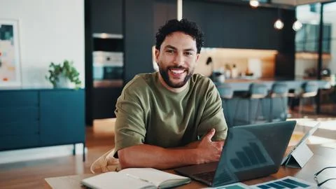 Portrait, man and remote work in home with laptop, finance career and exper.. Stock Photos