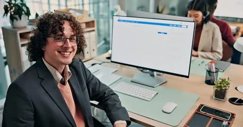 Portrait, man and screen at call centre with computer, script and customer .. Stock Photos