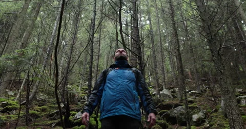 Portrait of a man with a backpack standing in the rain in the forest Stock-Footage 243597105