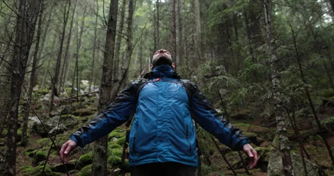 Portrait of a man with a backpack standing in the rain in the forest Stock Footage 243597647