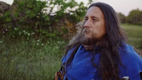 Portrait of a man with a beard and long hair in a medieval knight costume Stock Footage 277723868