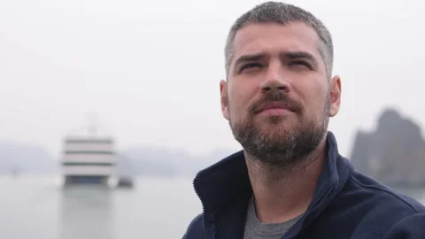 Portrait of man boat on background. Stock Footage 305368121