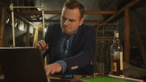 Portrait of man in dark blue jacket drinking whiskey, smoking cigar with smoke,  Stock Footage 119033416