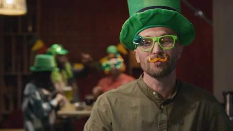 Portrait of Man Dressed Like Leprechaun on St Patricks Day Party Stock Footage 261499071