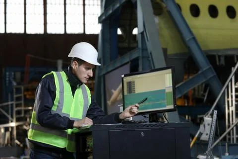 Portrait of a man , factory engineer in work clothes controlling the work Stock Photos